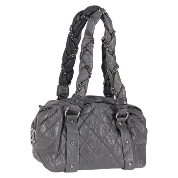 CHANEL Matelasse COCO Mark Shoulder Bag Leather Gray Silver CC Auth PP447V - Picture 1 of 15